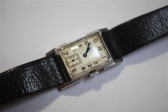 A gentlemans 1930s/1940s Jaeger Le Coultre stainless steel manual wind wrist watch,